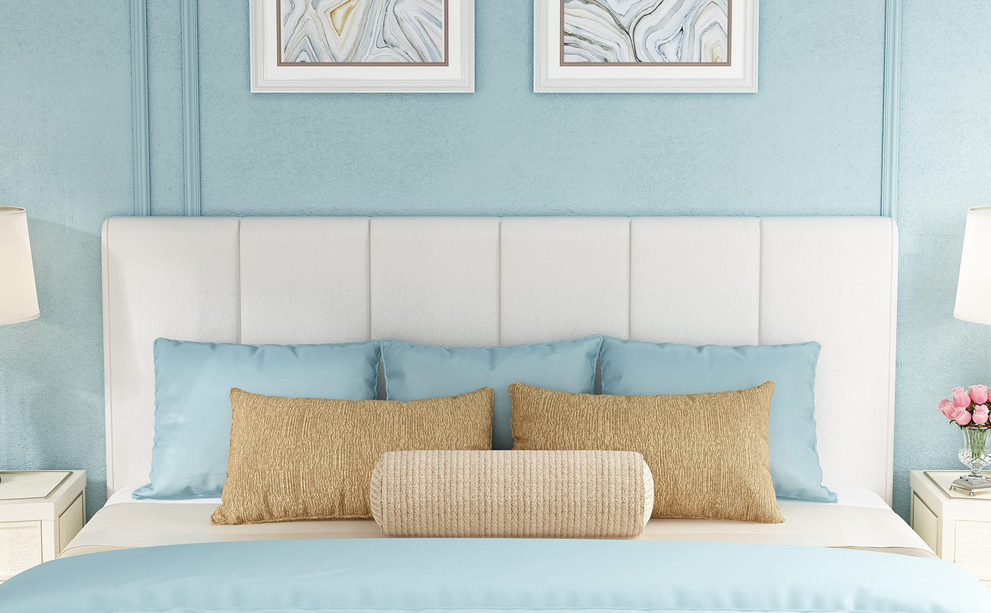 Awonde Upholstered Headboard Queen, Full Foldable White Headboard for Queen Size Bed Faux Leather Wall